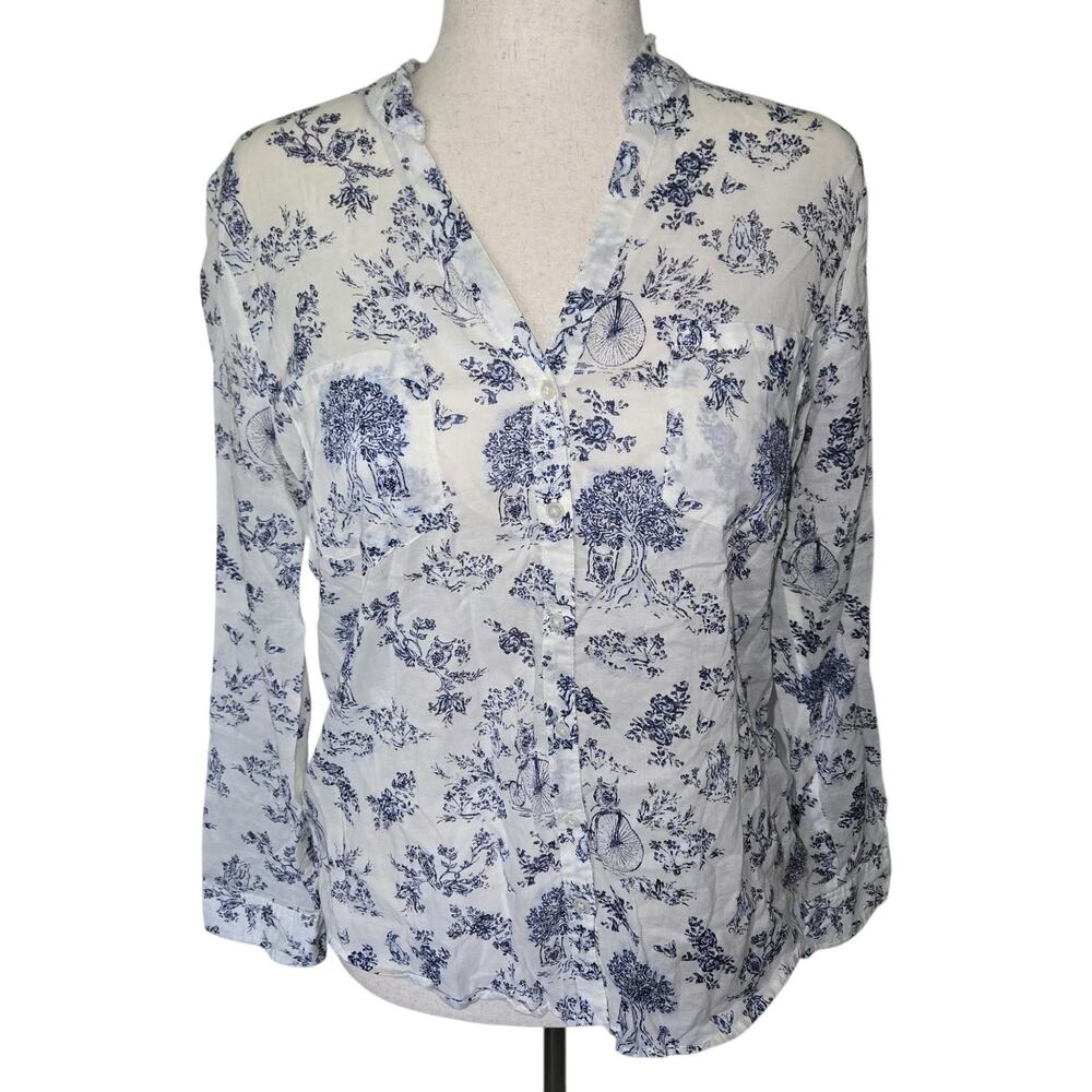 LC Lauren Conrad Womens L Blue White Toile Owl Print Button Down Blouse